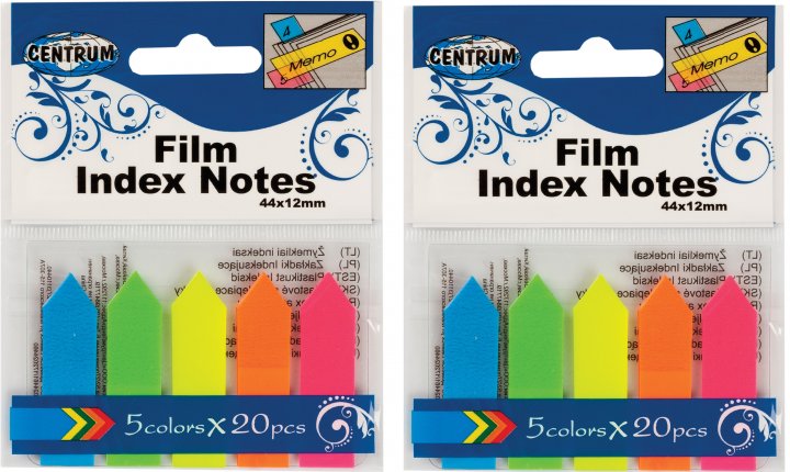 Закладки CENTRUM, з клейким шаром, пластикові, 45x12 мм, (5 кольорів по 20 шт)